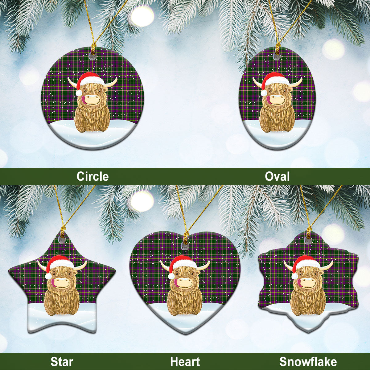 Tailyour Tartan Christmas Ceramic Ornament - Highland Cows Style