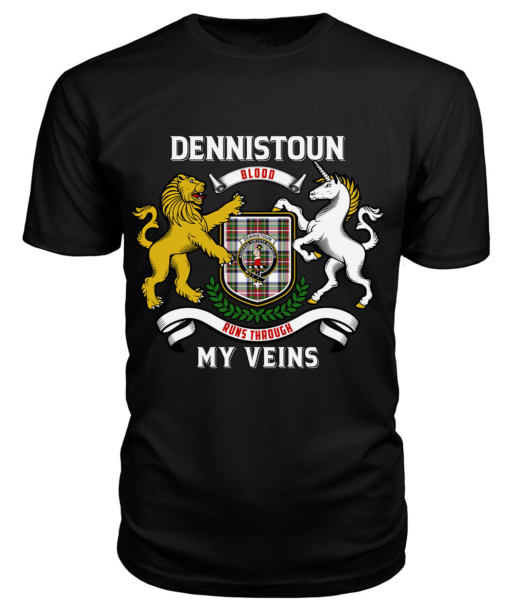 Dennistoun Tartan Crest 2D T-shirt - Blood Runs Through My Veins Style