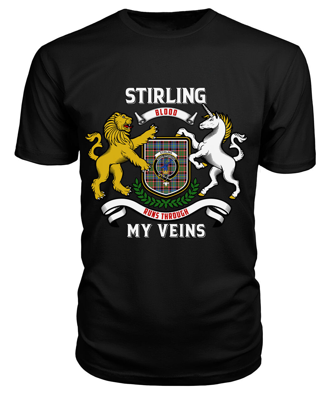Stirling (of Cadder-Present Chief) Tartan Crest 2D T-shirt - Blood Runs Through My Veins Style