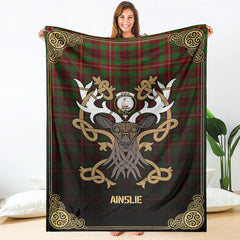 Ainslie Tartan Crest Premium Blanket - Celtic Stag style