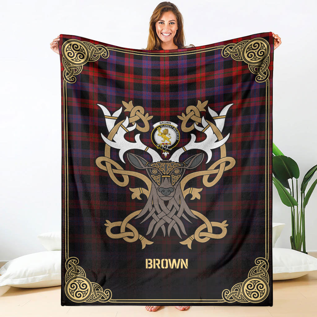 Brown Modern Tartan Crest Premium Blanket - Celtic Stag style