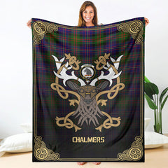 Chalmers Tartan Crest Premium Blanket - Celtic Stag style