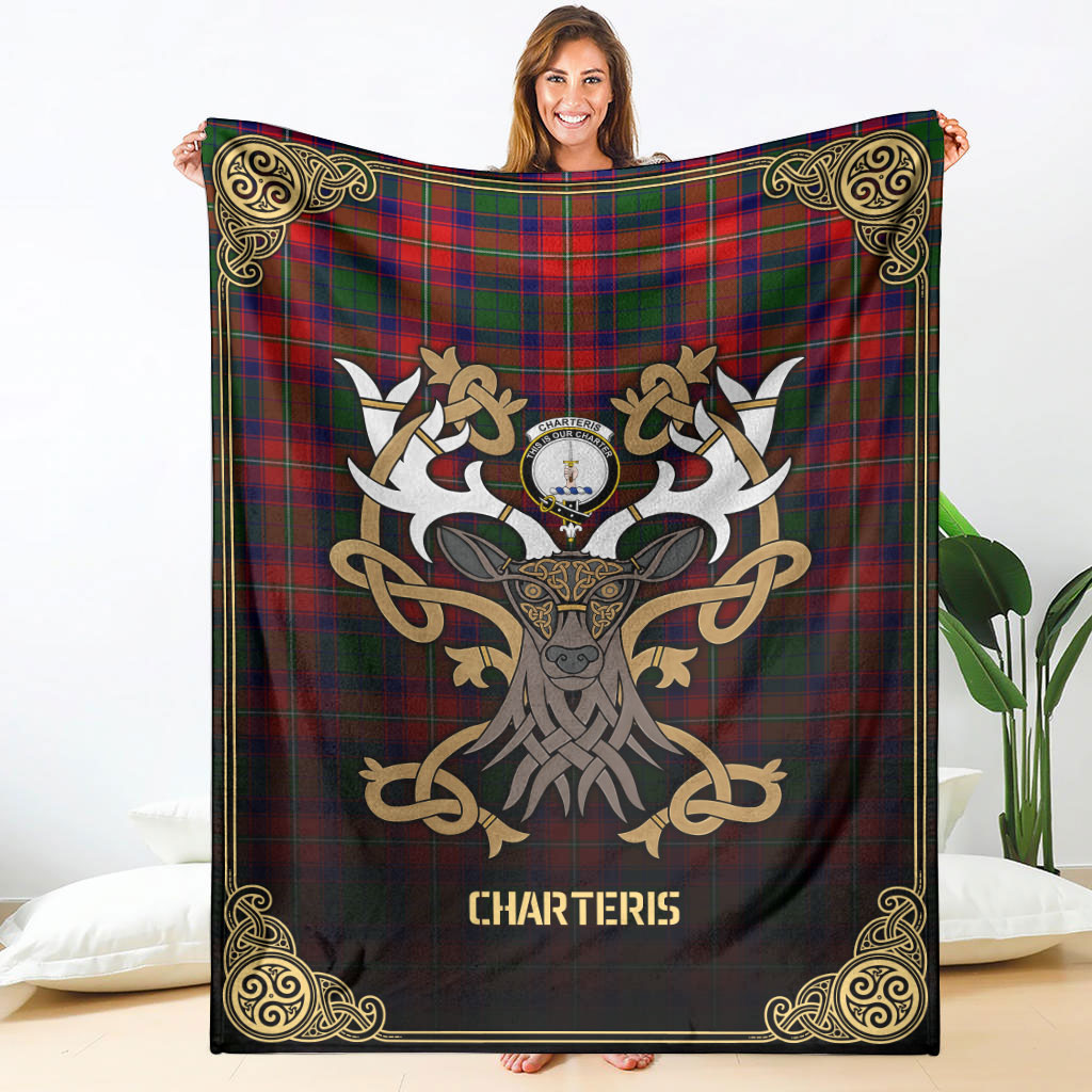 Charteris (Earl of Wemyss) Tartan Crest Premium Blanket - Celtic Stag style