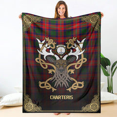 Charteris (Earl of Wemyss) Tartan Crest Premium Blanket - Celtic Stag style