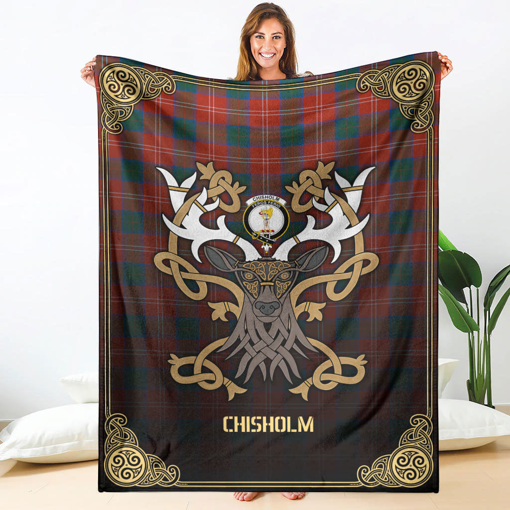 Chisholm Ancient Tartan Crest Premium Blanket - Celtic Stag style