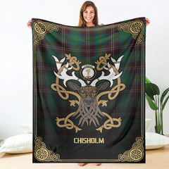 Chisholm Hunting Ancient Tartan Crest Premium Blanket - Celtic Stag style