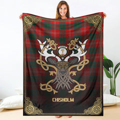 Chisholm Modern Tartan Crest Premium Blanket - Celtic Stag style