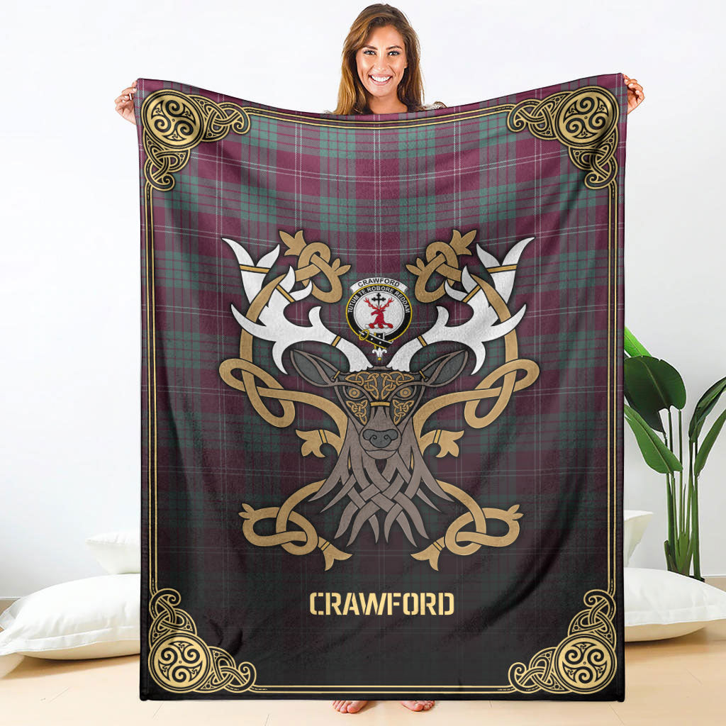 Crawford Ancient Tartan Crest Premium Blanket - Celtic Stag style