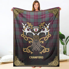 Crawford Ancient Tartan Crest Premium Blanket - Celtic Stag style