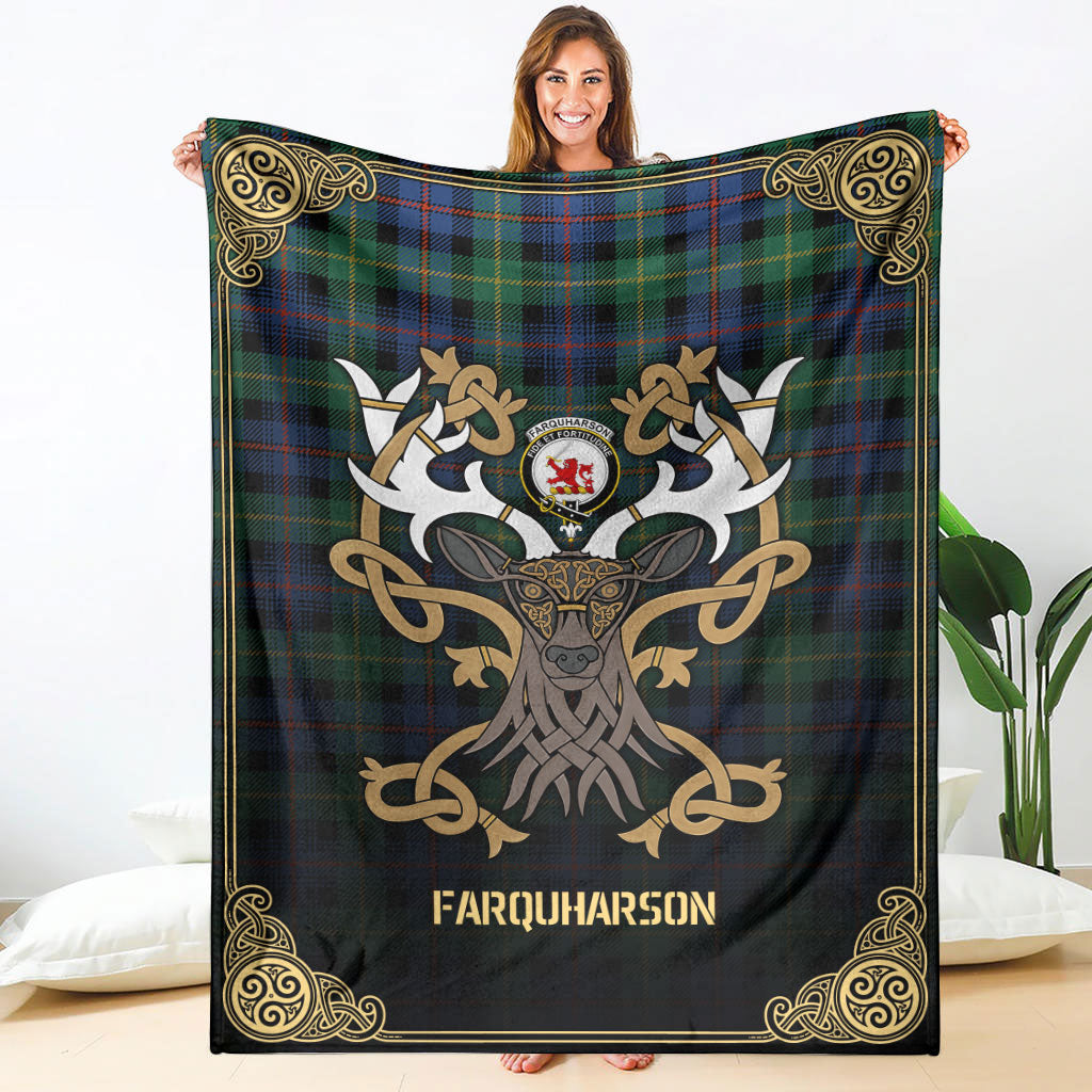 Farquharson Ancient Tartan Crest Premium Blanket - Celtic Stag style