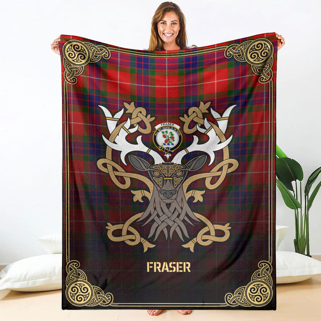 Fraser Tartan Crest Premium Blanket - Celtic Stag style