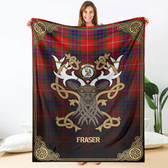 Fraser Tartan Crest Premium Blanket - Celtic Stag style