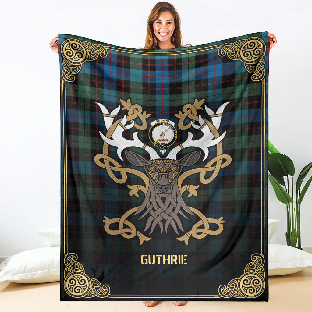 Guthrie Ancient Tartan Crest Premium Blanket - Celtic Stag style