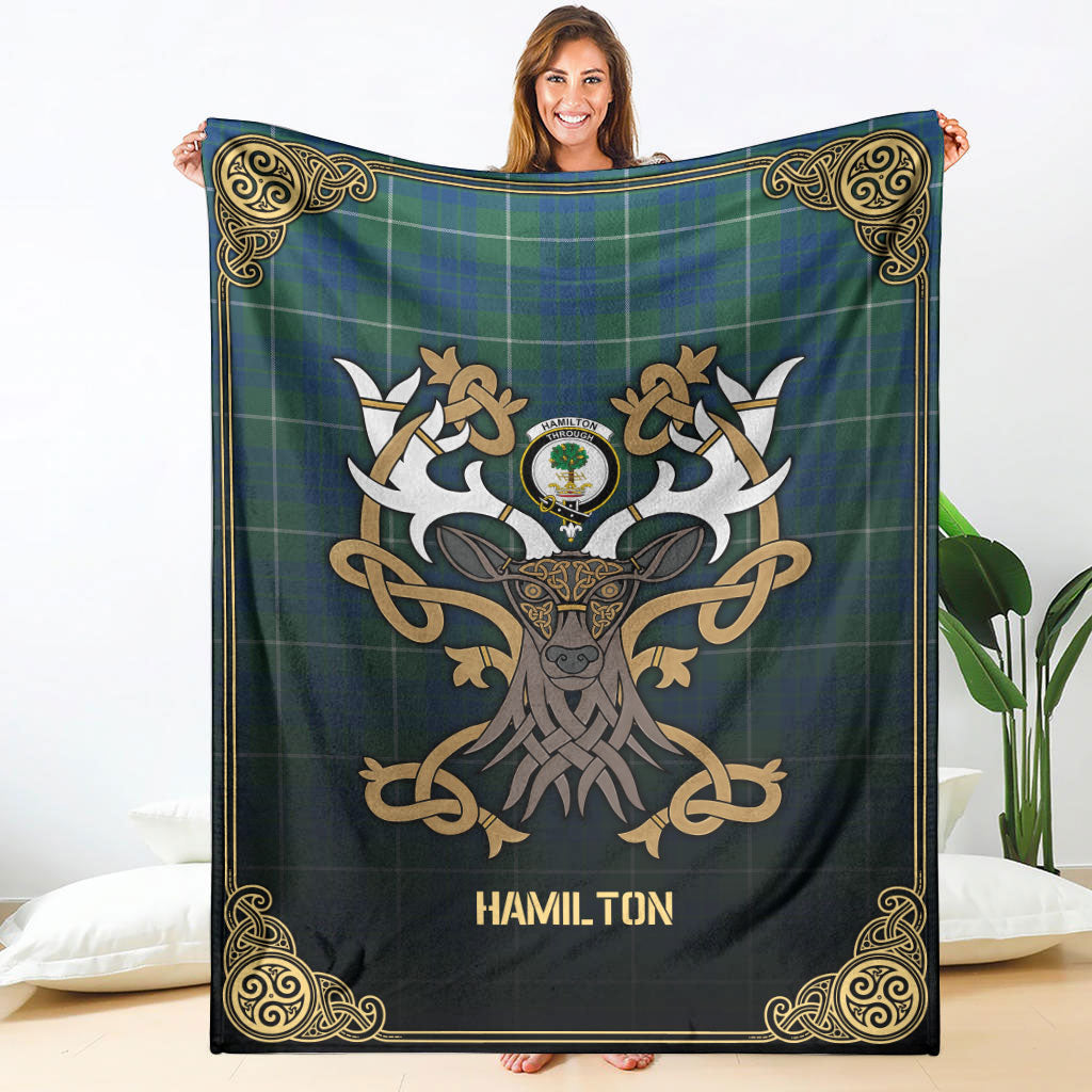 Hamilton Hunting Ancient Tartan Crest Premium Blanket - Celtic Stag style