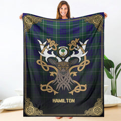 Hamilton Hunting Modern Tartan Crest Premium Blanket - Celtic Stag style