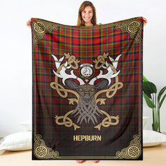 Hepburn Tartan Crest Premium Blanket - Celtic Stag style