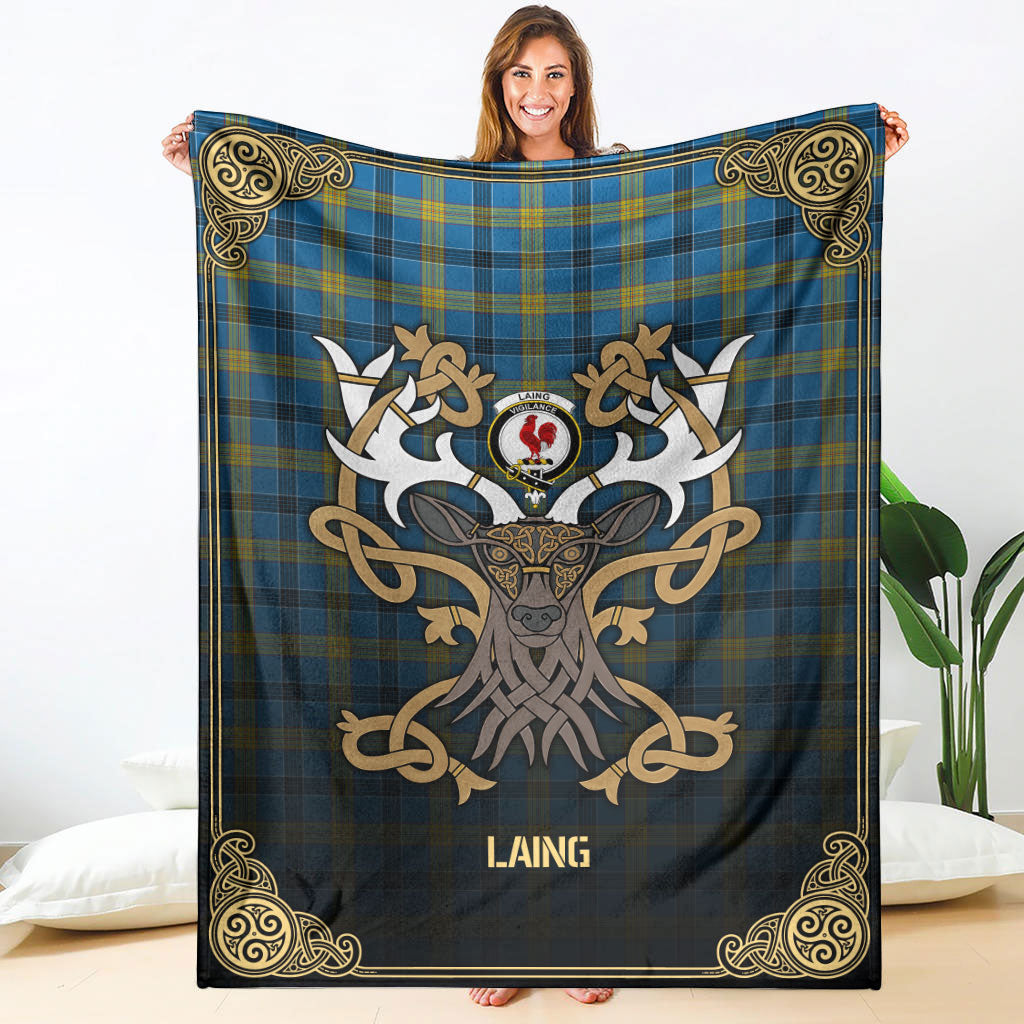 Laing Tartan Crest Premium Blanket - Celtic Stag style