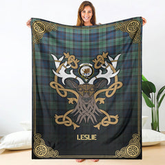 Leslie Hunting Ancient Tartan Crest Premium Blanket - Celtic Stag style