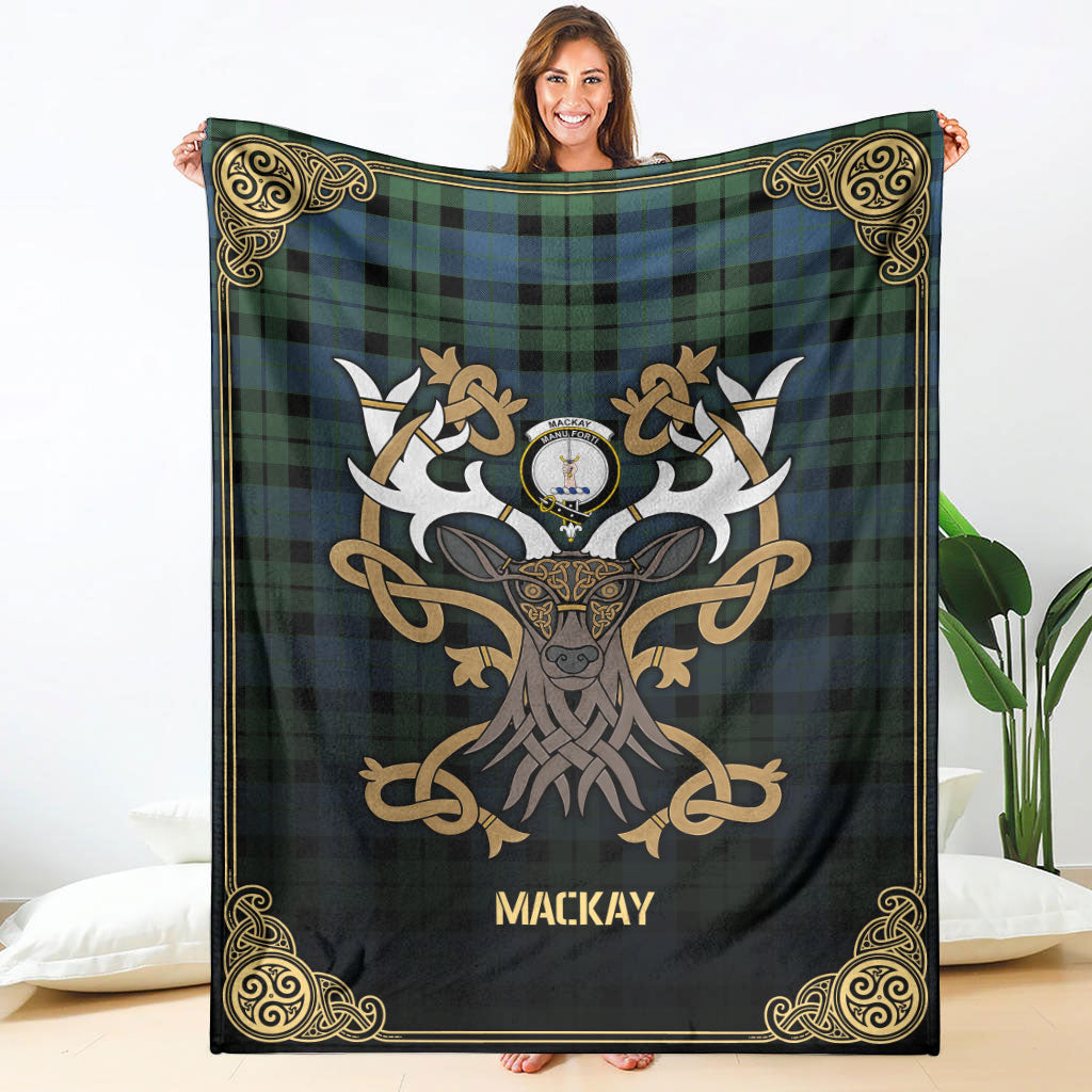 MacKay Ancient Tartan Crest Premium Blanket - Celtic Stag style