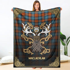 MacLachlan Ancient Tartan Crest Premium Blanket - Celtic Stag style
