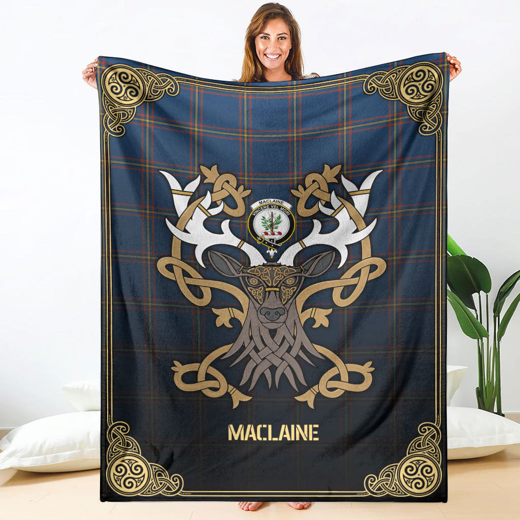 MacLaine of Loch Buie Hunting Ancient Tartan Crest Premium Blanket - Celtic Stag style