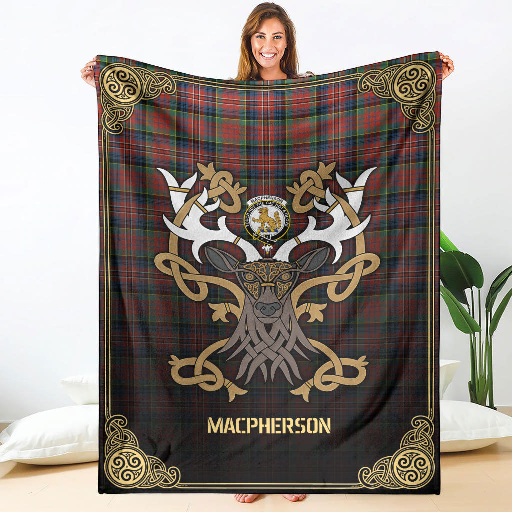 MacPherson Ancient Tartan Crest Premium Blanket - Celtic Stag style