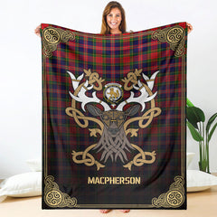 MacPherson Modern Tartan Crest Premium Blanket - Celtic Stag style