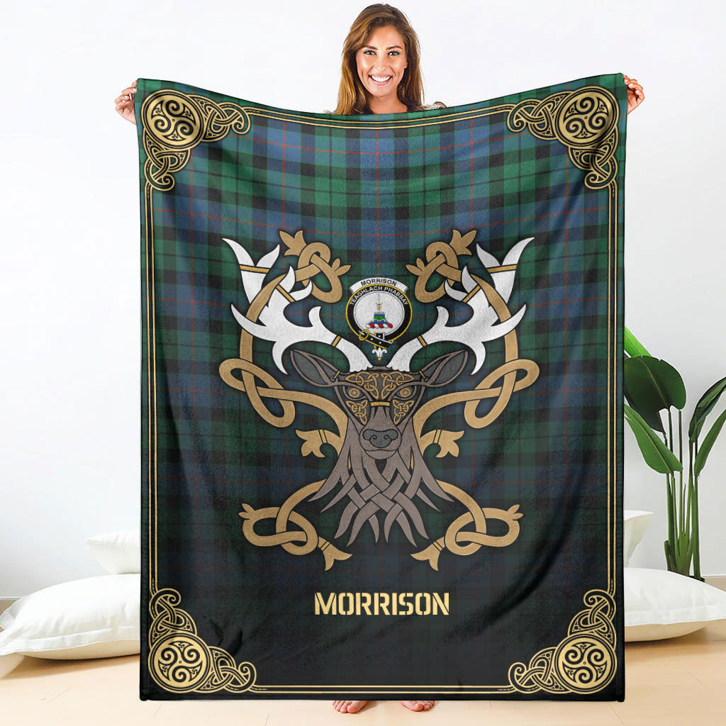 Morrison Ancient Tartan Crest Premium Blanket - Celtic Stag style