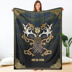 Nicolson Hunting Ancient Tartan Crest Premium Blanket - Celtic Stag style