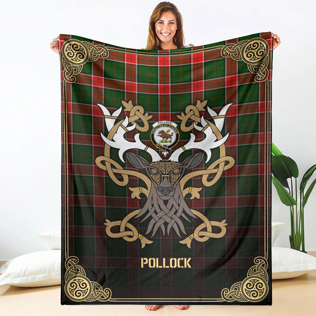 Pollock Tartan Crest Premium Blanket - Celtic Stag style