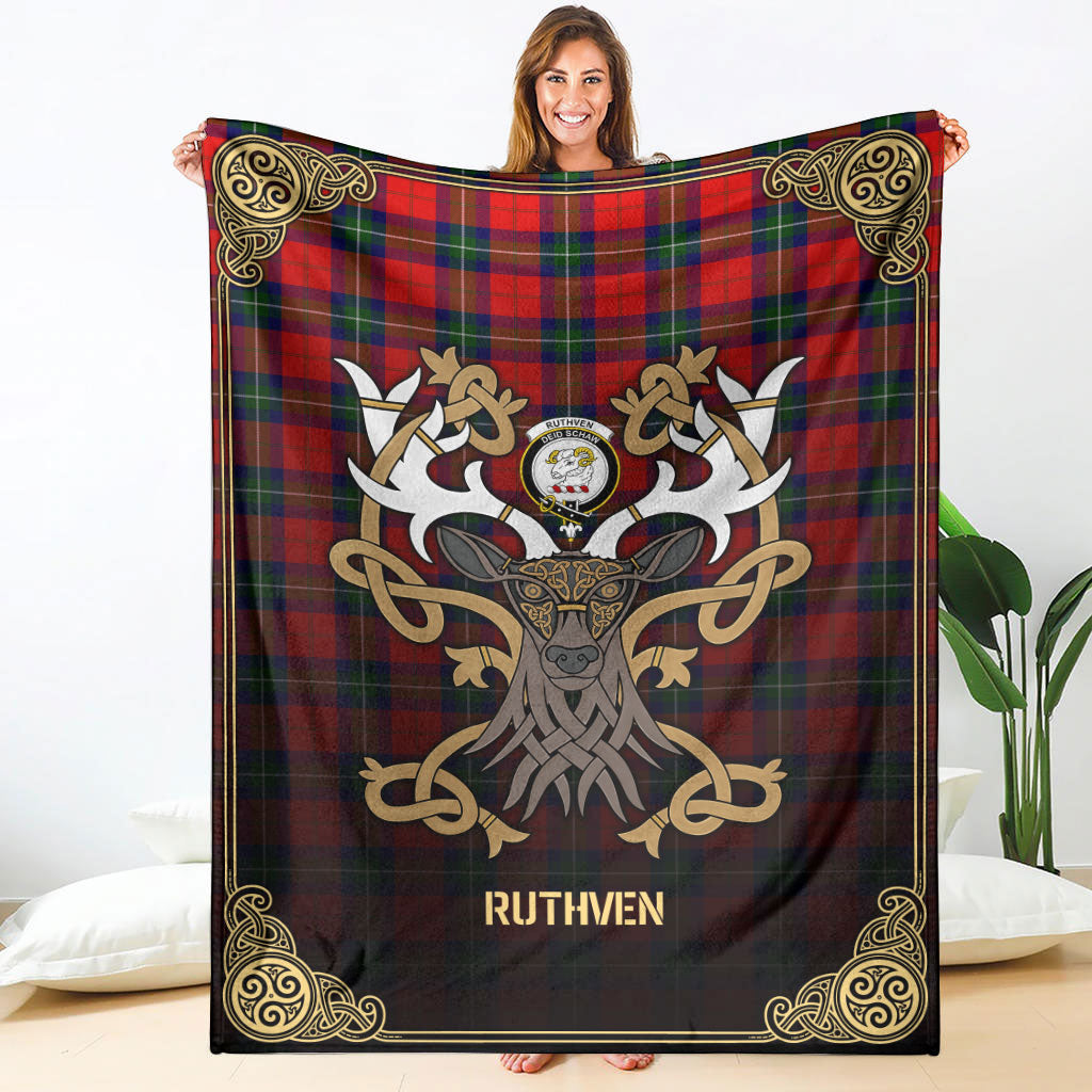 Ruthven Modern Tartan Crest Premium Blanket - Celtic Stag style