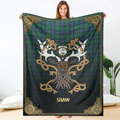 Shaw (of Sauchie) Tartan Crest Premium Blanket - Celtic Stag style