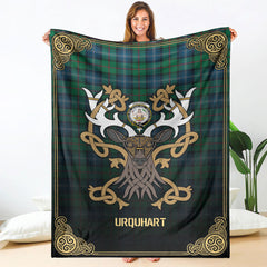 Urquhart Ancient Tartan Crest Premium Blanket - Celtic Stag style