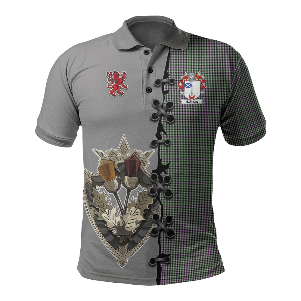 Halliday Tartan Polo Shirt - Lion Rampant And Celtic Thistle Style