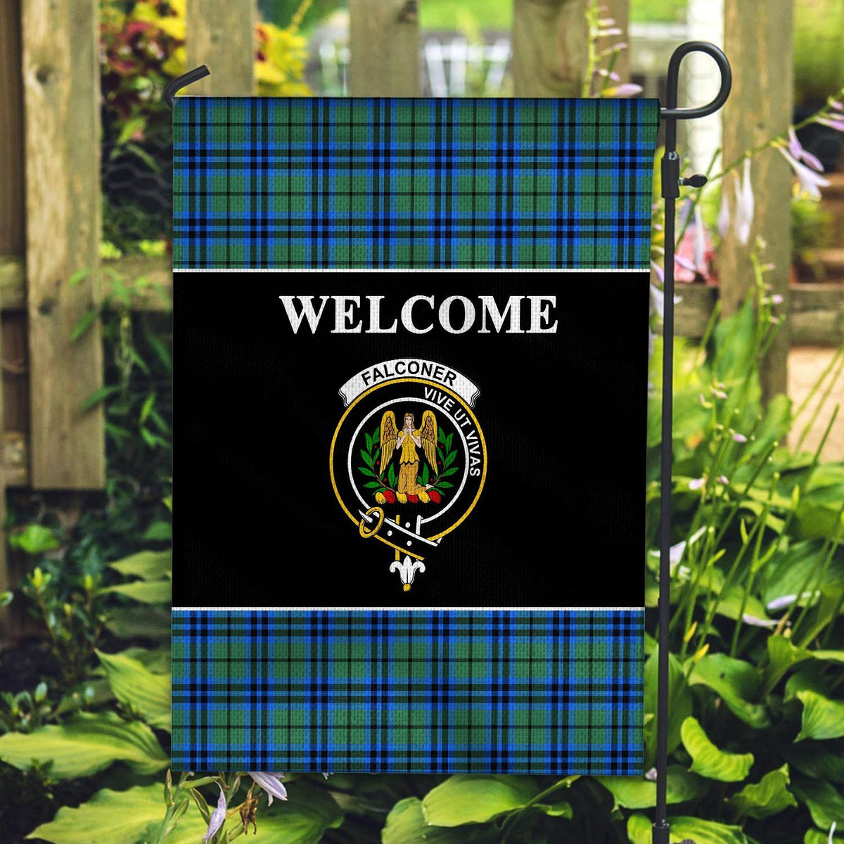 Falconer Tartan Crest Black Garden Flag