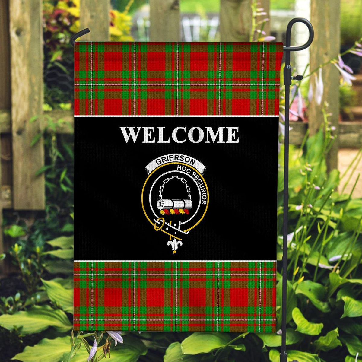 Grierson Tartan Crest Black Garden Flag