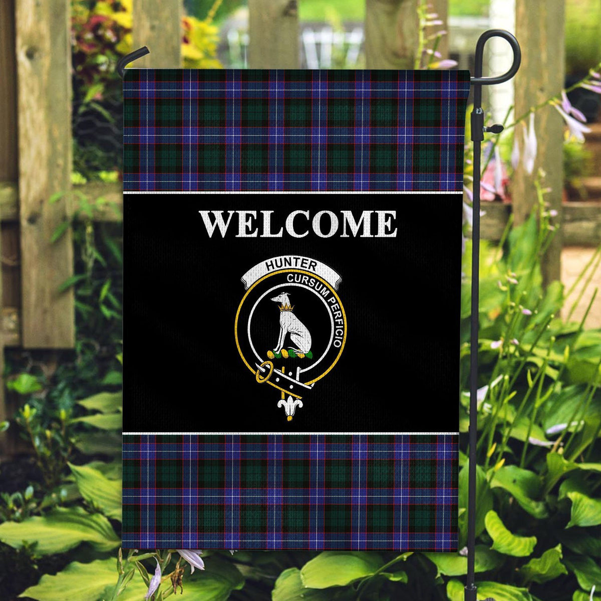 Hunter Tartan Crest Black Garden Flag