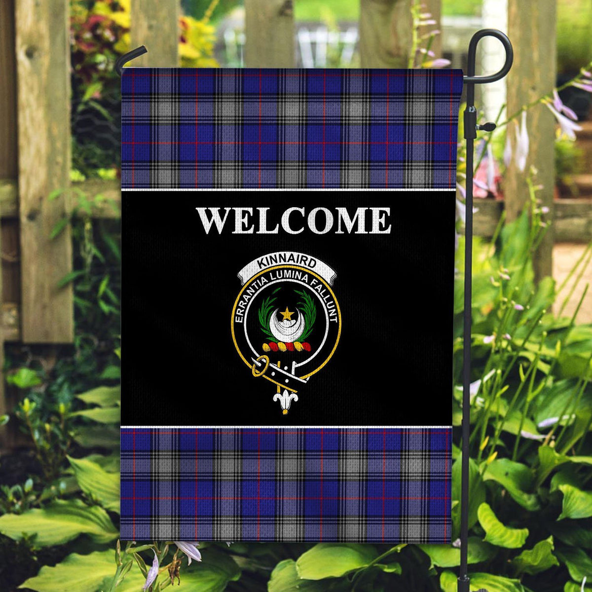 Kinnaird Tartan Crest Black Garden Flag