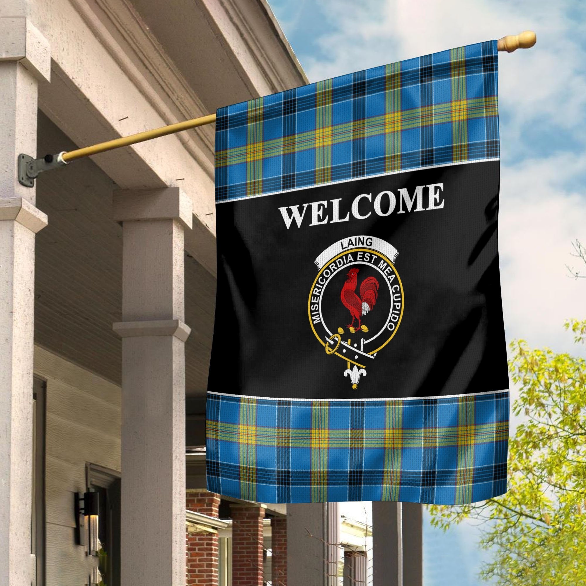 Laing Tartan Crest Black Garden Flag