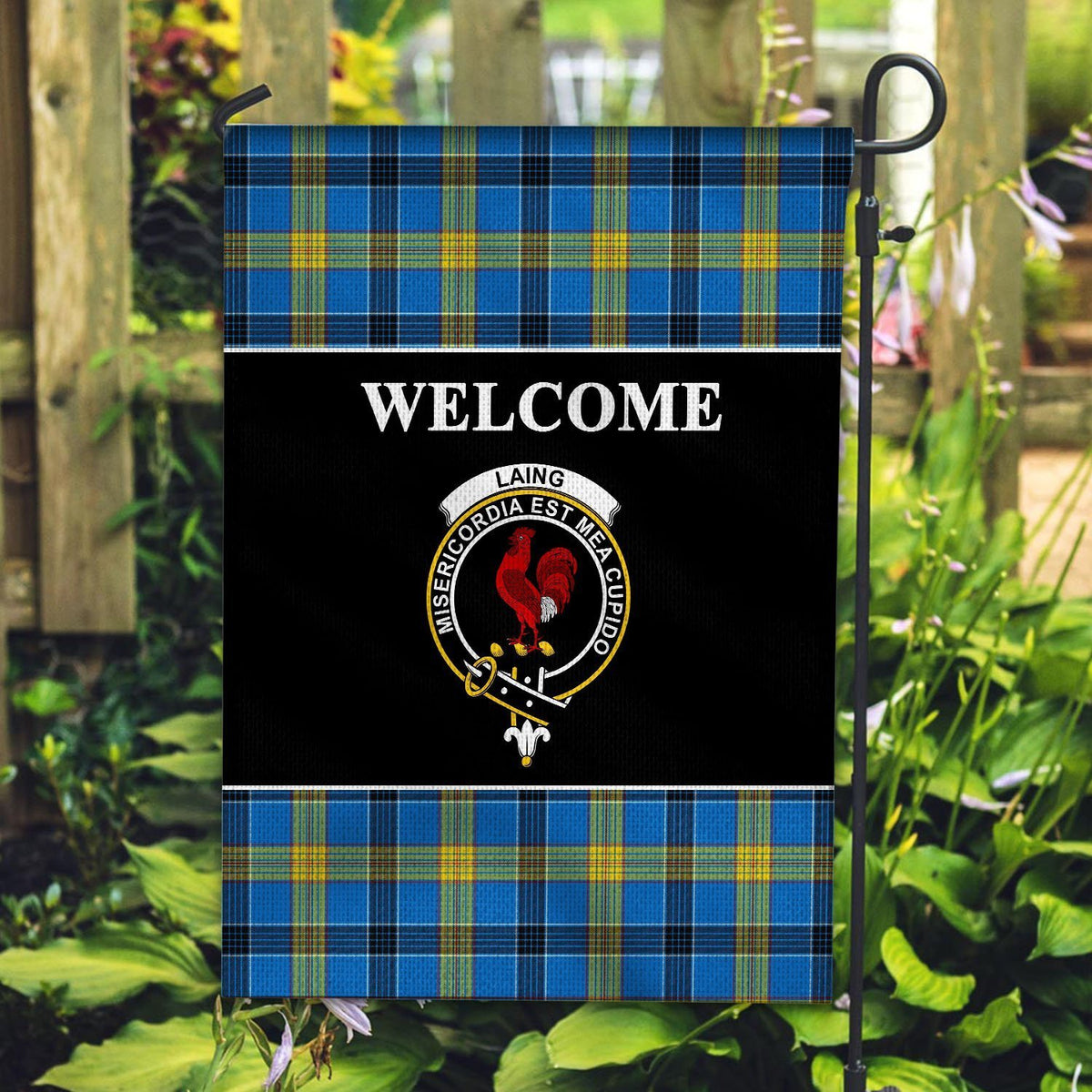 Laing Tartan Crest Black Garden Flag