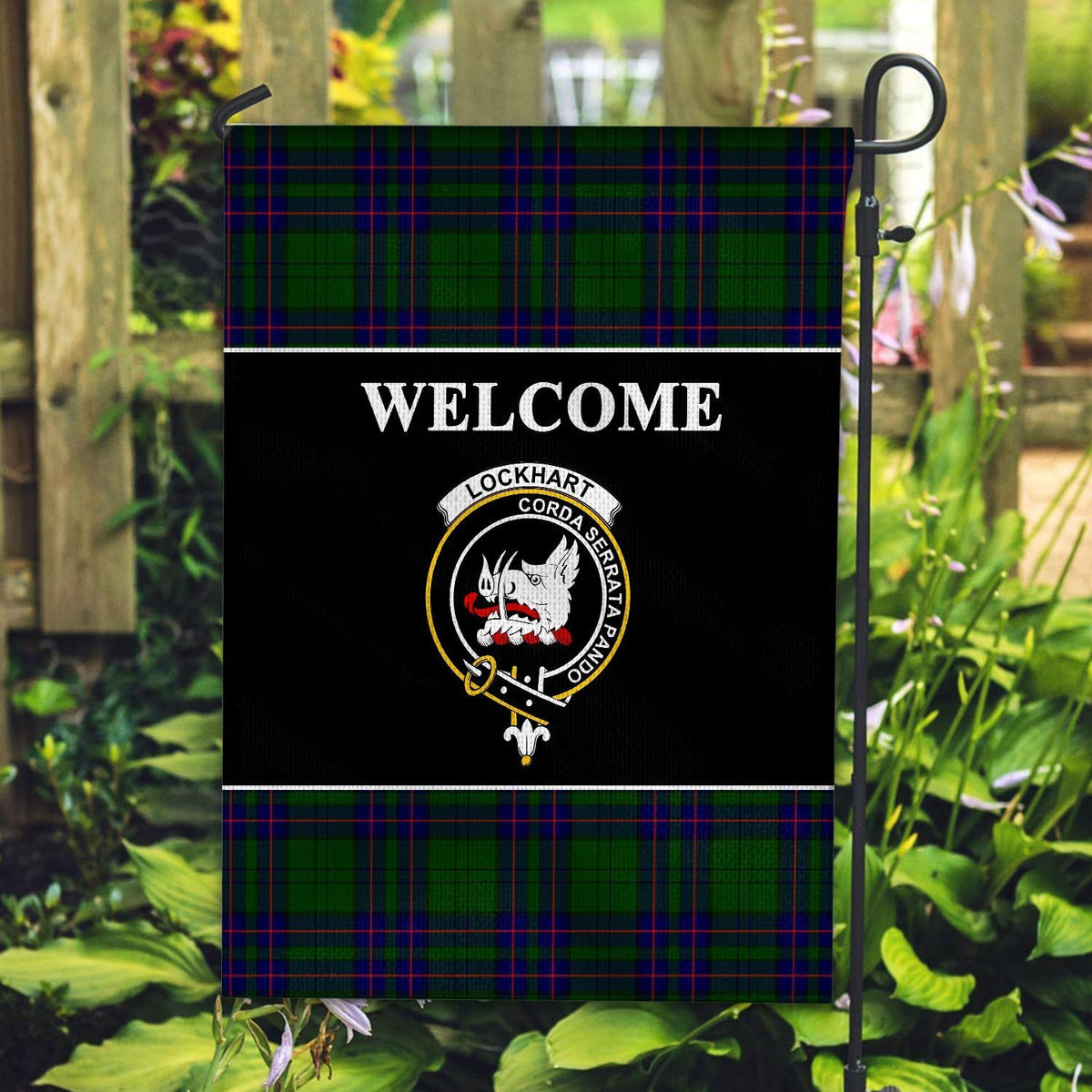 Lockhart Tartan Crest Black Garden Flag