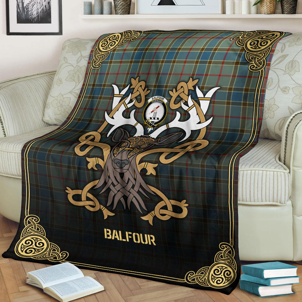 Balfour Blue Tartan Crest Premium Blanket - Celtic Stag style