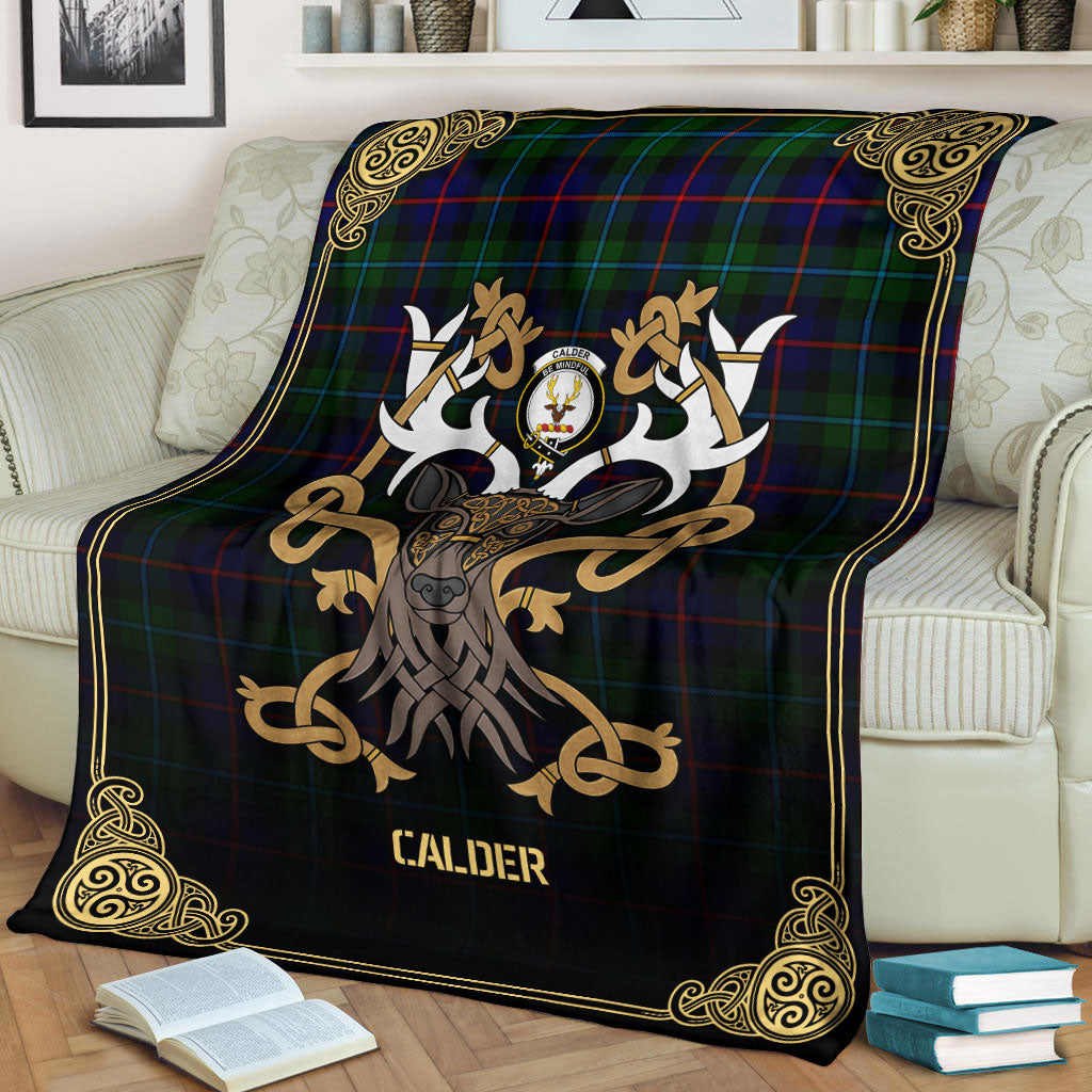 Calder Tartan Crest Premium Blanket - Celtic Stag style