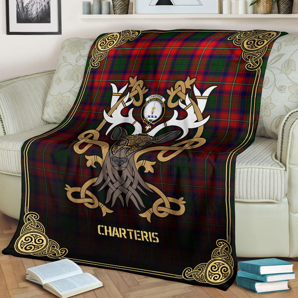Charteris (Earl of Wemyss) Tartan Crest Premium Blanket - Celtic Stag style