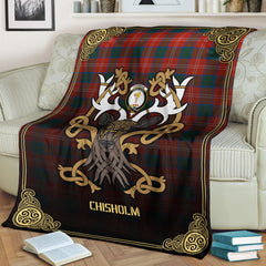Chisholm Ancient Tartan Crest Premium Blanket - Celtic Stag style