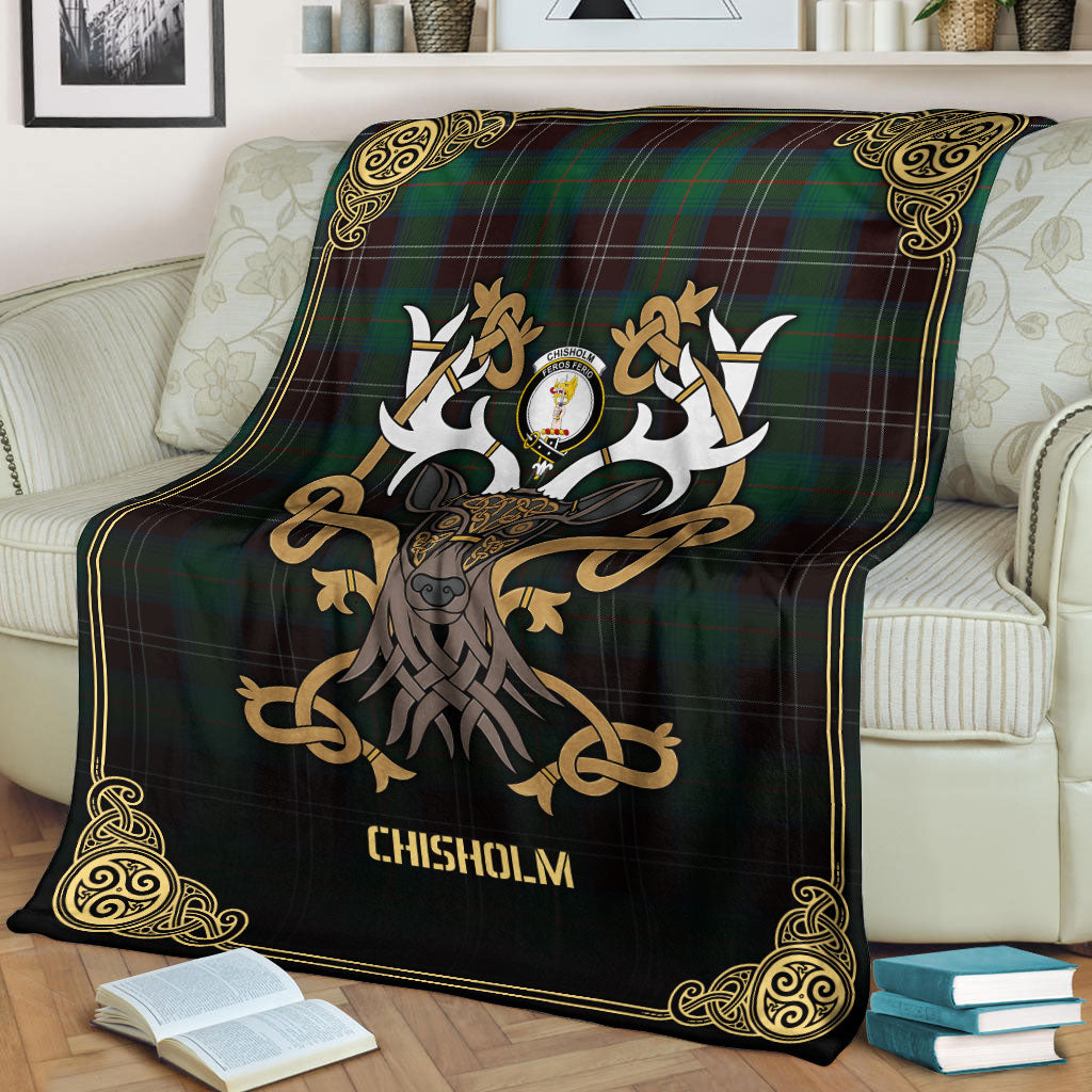 Chisholm Hunting Ancient Tartan Crest Premium Blanket - Celtic Stag style