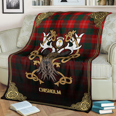 Chisholm Modern Tartan Crest Premium Blanket - Celtic Stag style