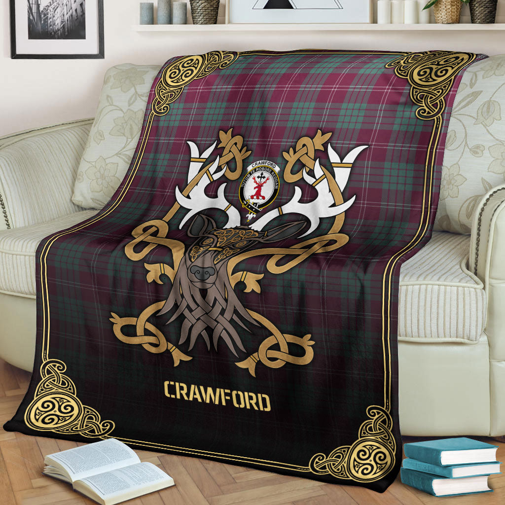 Crawford Ancient Tartan Crest Premium Blanket - Celtic Stag style