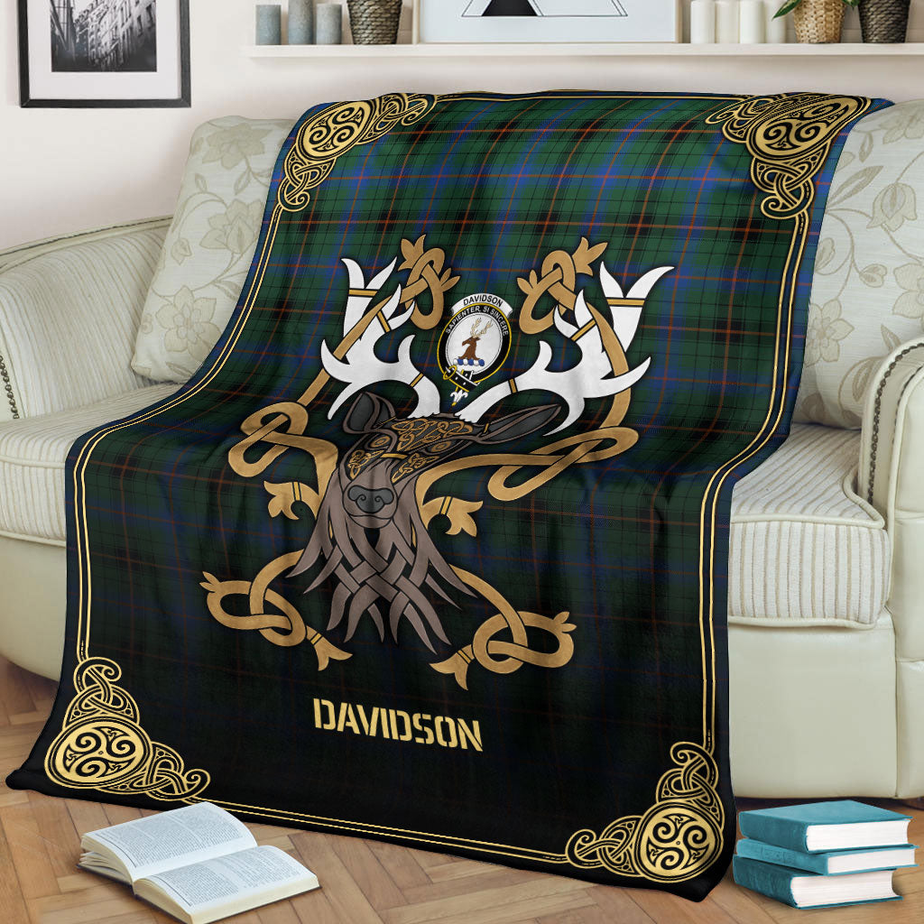 Davidson Ancient Tartan Crest Premium Blanket - Celtic Stag style