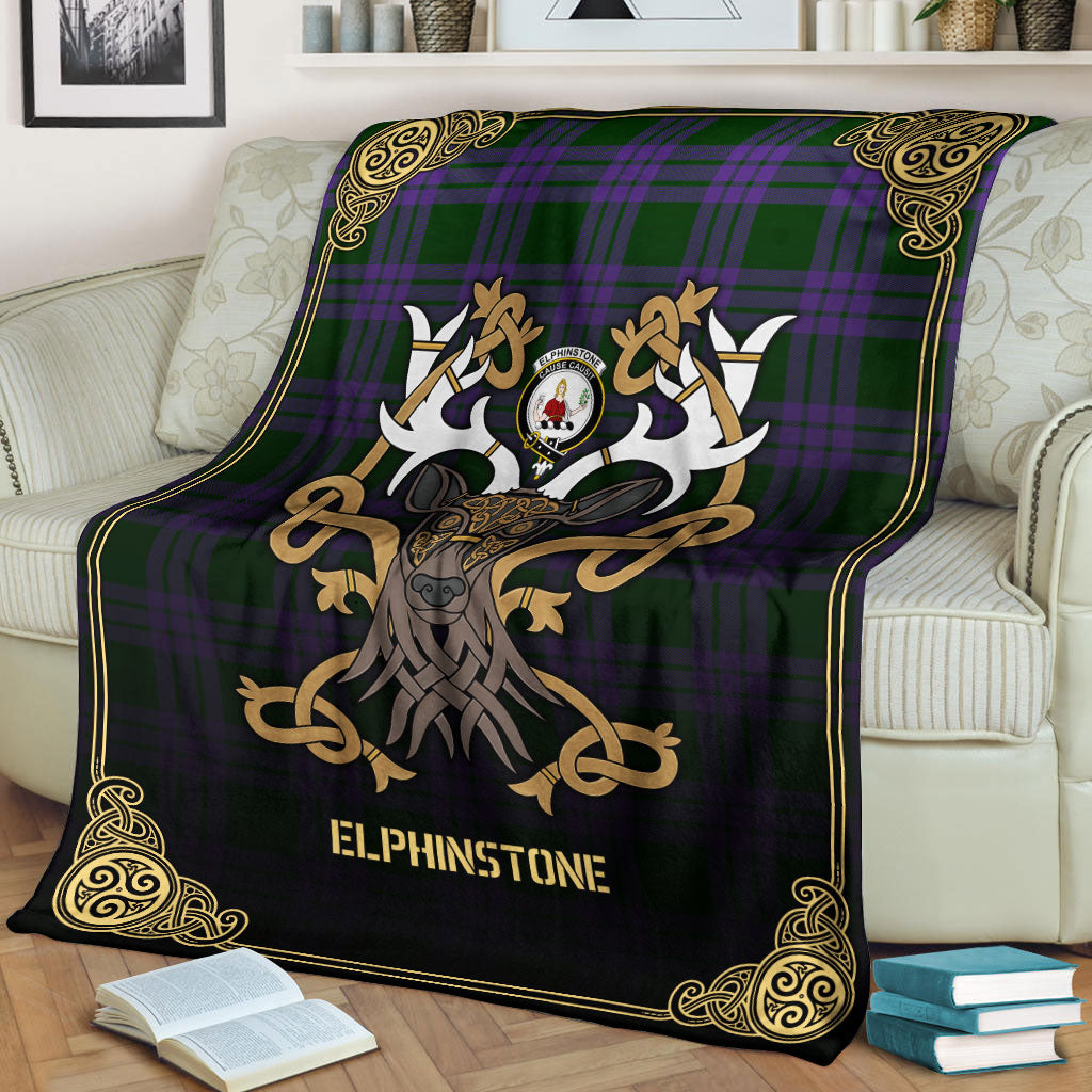 Elphinstone Tartan Crest Premium Blanket - Celtic Stag style